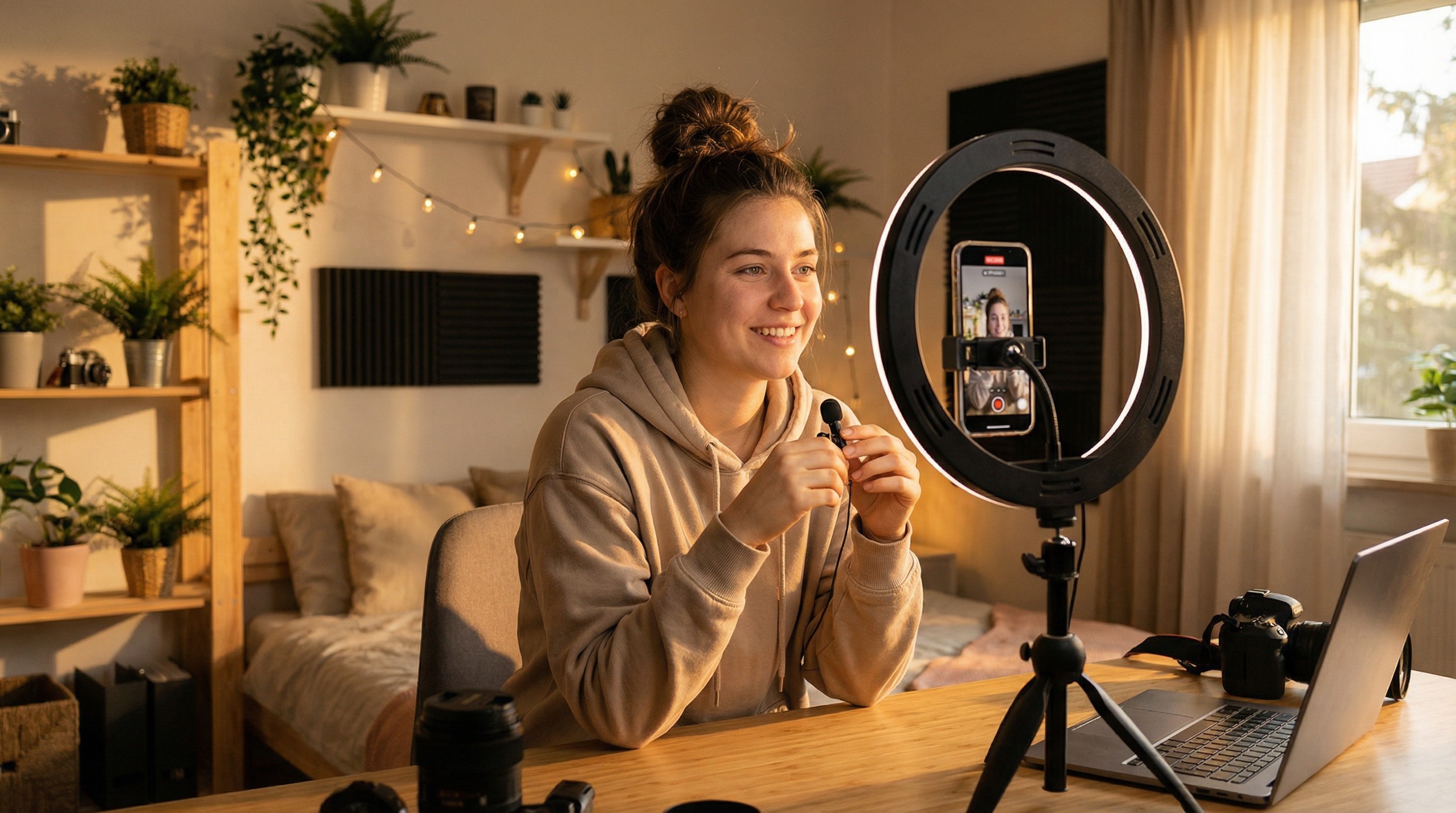 Content creator with smartphone and ring light